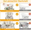 Collage of images showing features of a high chair, with checkmarks and crosses indicating good and bad features respectively. Náhled obrázku produktu