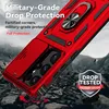 A red phone case with a camera slider and ring holder is shown in a dynamic, rocky environment, suggesting durability. Produktbild-Vorschau