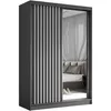 A modern sliding door wardrobe with a mirrored door and a slatted door, reflecting a bedroom interior. Produktbild-Vorschau