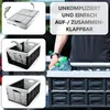 Collage showing a person holding a folding crate filled with water bottles, with additional images of the crate in different states of assembly. Produktbild-Vorschau