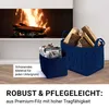 Two dark blue felt storage baskets are shown in front of a fireplace with a fire burning. One basket is smaller and contains magazines, while the larger basket is filled with firewood. Podgląd zdjęcia produktu