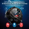 A smartwatch is shown partially submerged in water, with water splashes around it. Text overlays describe its features. Náhled obrázku produktu