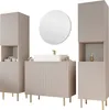 A modern bathroom vanity set with two tall cabinets, a vanity unit with a sink, and a round mirror. Produktbild-Vorschau