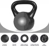 A cutaway view of a black kettlebell with accompanying feature icons and text. Náhled obrázku produktu