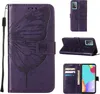 A collage of images showing a purple butterfly-embossed flip leather phone case for a Samsung Galaxy A52. Produktbild-Vorschau