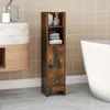 A bathroom scene with a narrow wooden cabinet next to a bathtub and a sink. Podgląd zdjęcia produktu
