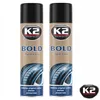 Two cans of K2 Bold Tyre care product are shown side-by-side against a white background. A smaller K2 logo is in the bottom right corner. Produktbild-Vorschau