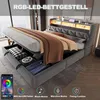 A modern bedroom with a grey upholstered bed frame featuring integrated RGB LED lighting and storage. Náhled obrázku produktu