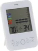 A white digital thermometer and hygrometer on a white stand, displaying temperature and humidity readings. Produktbild-Vorschau