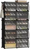 A multi-tiered shoe storage organizer filled with shoes, bags, and boxes. Produktbild-Vorschau