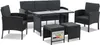 A black polyrattan garden furniture set including a sofa, two armchairs, a table, and two ottomans, displayed on a white background. Produktbild-Vorschau