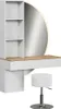 A white vanity table with a wooden top, a round mirror with LED lighting, and a white stool. Voir les images du produit
