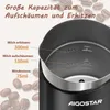 Close-up view of a black milk frother with measurement markings inside, surrounded by coffee beans and text in German describing its capacity. Produktbild-Vorschau