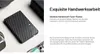 A carbon fiber power bank is shown with descriptive text highlighting its features. Produktbild-Vorschau