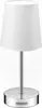 A white fabric lampshade on a silver metal base and stem.