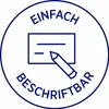 A circular graphic with text and an illustration of a check and a pencil. Produktbild-Vorschau