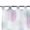 A close-up view of a sheer curtain with a dandelion-like pattern in purple, blue, and gray hues, hanging from a black rod. Produktbild-Vorschau