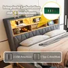 A bed with a headboard featuring integrated shelves and lighting, with a close-up inset showing a charging station. Náhľad obrázku produktu