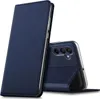 A blue flip case for a smartphone is shown, with the phone partially visible inside. Produktbild-Vorschau
