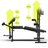 A black multi-functional training bench with various measurement indicators shown as yellow arrows and circles with text. Produktbild-Vorschau