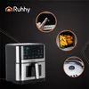 A marketing image for an air fryer, showing the product itself and close-ups of its features and food cooked in it. Náhľad obrázku produktu