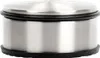 A stainless steel door stopper with a black rubber ring and base. Voir les images du produit