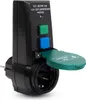 A black electrical adapter with green and blue buttons and a green flip-up cover. Produktbild-Vorschau