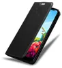 A black flip phone case is shown open, revealing the phone screen with a colorful wallpaper. Produktbild-Vorschau