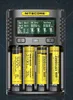 A Nitecore UM4 battery charger with four Li-ion batteries inserted, displaying charging information on its screen. Náhled obrázku produktu