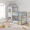 A children's bedroom with a bunk bed, a small table and chairs, and toys.
