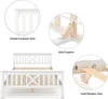 A collage of images showing a white wooden bed frame with close-ups of its design features and construction. Náhľad obrázku produktu