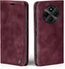 A burgundy flip case for a smartphone is shown from two angles, open and closed. Produktbild-Vorschau