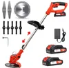 A collection of cordless grass trimmer components and accessories laid out on a white background. Produktbild-Vorschau