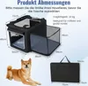 A diagram showing the dimensions of a foldable pet carrier, with a dog and a folded carrier for scale. Anteprima dell’immagine prodotto