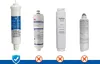 Four different water filters are displayed side-by-side against a white background. Below each filter, there are symbols indicating approval or disapproval. Náhľad obrázku produktu