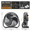 Diagrams and text explaining features of a black floor fan. Produktbild-Vorschau