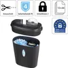 A product image showing a paper shredder with its top unit separated from the base, revealing shredded paper inside. Several informational icons are displayed in the top right corner. Produktbild-Vorschau