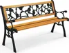 A garden bench with a wooden seat and backrest with a decorative metal frame. Produktbild-Vorschau