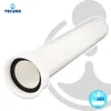 A white pipe with a black rubber seal on one end, set against a light gray background with abstract shapes. Produktbild-Vorschau