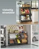 A collage showing a multi-tiered storage shelf in a kitchen setting and a similar shelf in a garage setting, filled with various items. Produktbild-Vorschau