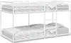 A white metal bunk bed with mattresses and bedding. Podgląd zdjęcia produktu