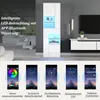 A modern white display cabinet with integrated LED lighting, shown in a living room setting, with accompanying app interface screenshots. Anteprima dell’immagine prodotto