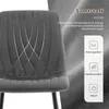 Close-up of a gray velvet chair with marketing text and icons on the right side. Voir les images du produit