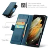 A blue leather wallet case for a smartphone is shown open, displaying card slots and a cash slot, with a smartphone inside. Produktbild-Vorschau