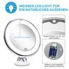 A collage of images showcasing a lighted makeup mirror, its features, and battery compartment. Produktbild-Vorschau