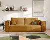 A modern living room scene featuring a mustard yellow corduroy sofa, a shelf with decorative items, and a large framed artwork on the wall. Náhled obrázku produktu