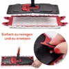 A collage of images showing a mop head and its attachment mechanism, with a close-up of a hand detaching it. Text in German indicates ease of cleaning and replacement. Produktbild-Vorschau