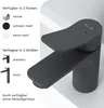 A dark gray faucet is shown on a white background, with text and icons describing its features and options. Produktbild-Vorschau