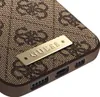 A close-up view of a phone case with a repeating Guess logo pattern and a gold Guess logo plate. Náhled obrázku produktu