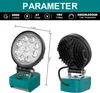 Product specifications and two views of a portable LED work light. Produktbild-Vorschau